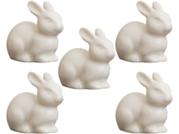 Conjunto 5 Coelhos Decorativos Cerâmica Branca Acessórios Micro Paisagens Decoração Escritório Resistentes GOKOCO