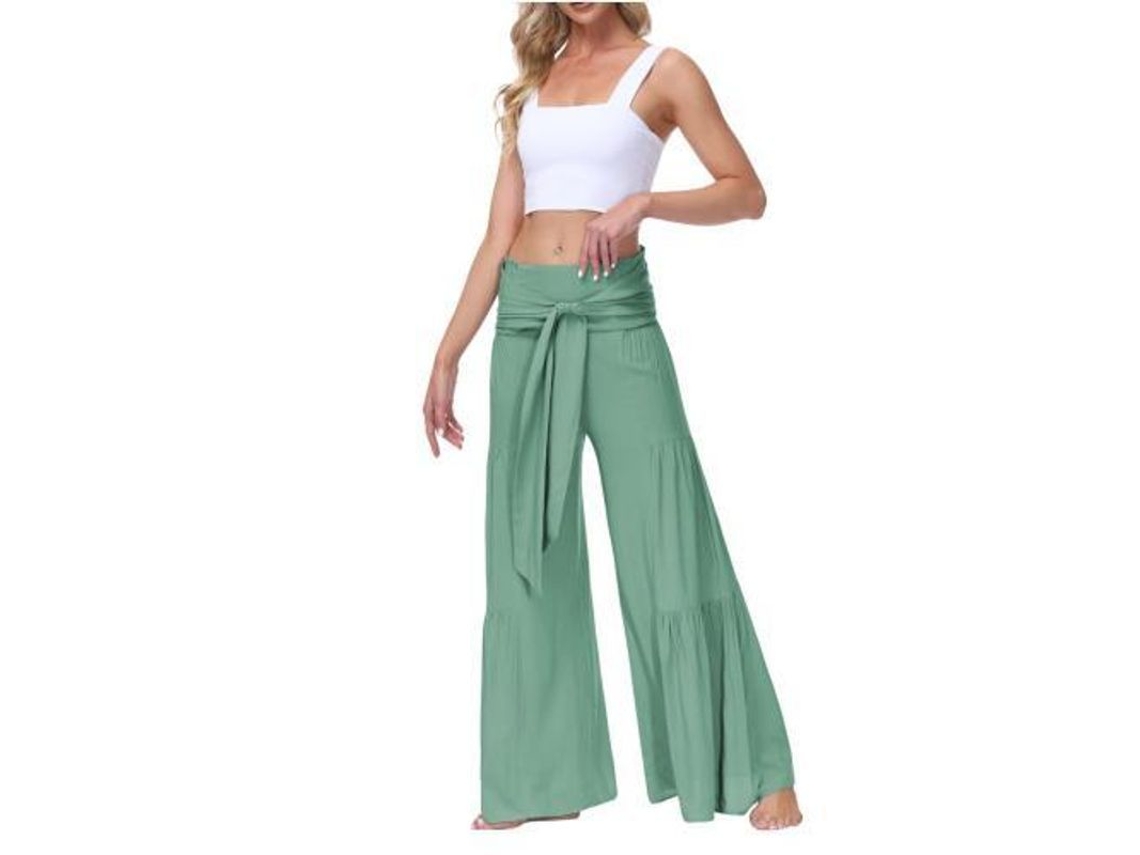 2026 pantalones de Pijama de Pierna Ancha para Mujer de Cintura Alta Con Cinturón Nudo para Yoga Y Playa M Verde Menta