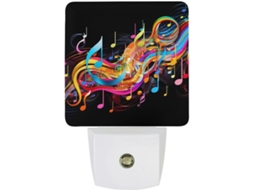 Luminária de parede noturna com notas musicais coloridas, sensor crepuscular, luz LED branca, lâmpada baixa.