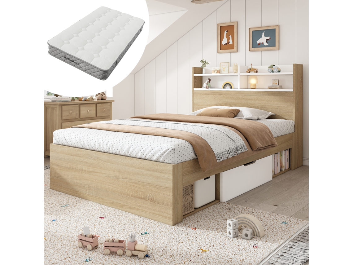 Cama Solteiro 90x200 Cm Branca/carvalho Com Cabeceira E Prateleira, 2 Gavetas E Nichos Abertos, Madeira Parcialmente Maciça, Com Colchão