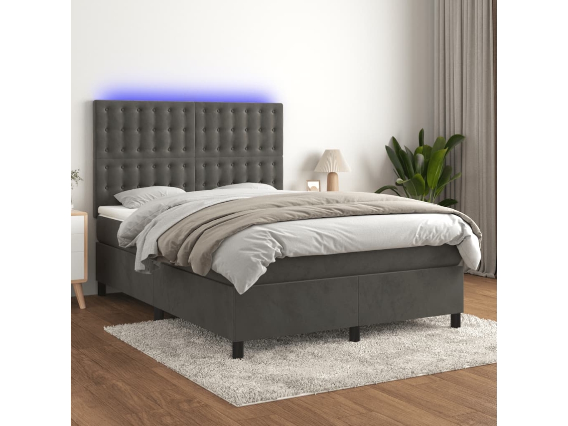 Vidaxl Cama Box Spring C/ Colchão/led 140x190cm Veludo Cinzento-escuro