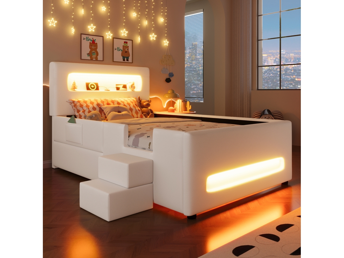 Cama Plataforma Estofada (90 X 200 Cm) Com Escadas, Gavetas, Fitas De Luz Led, Usb E Bolsas De Armazenamento, Branca-op