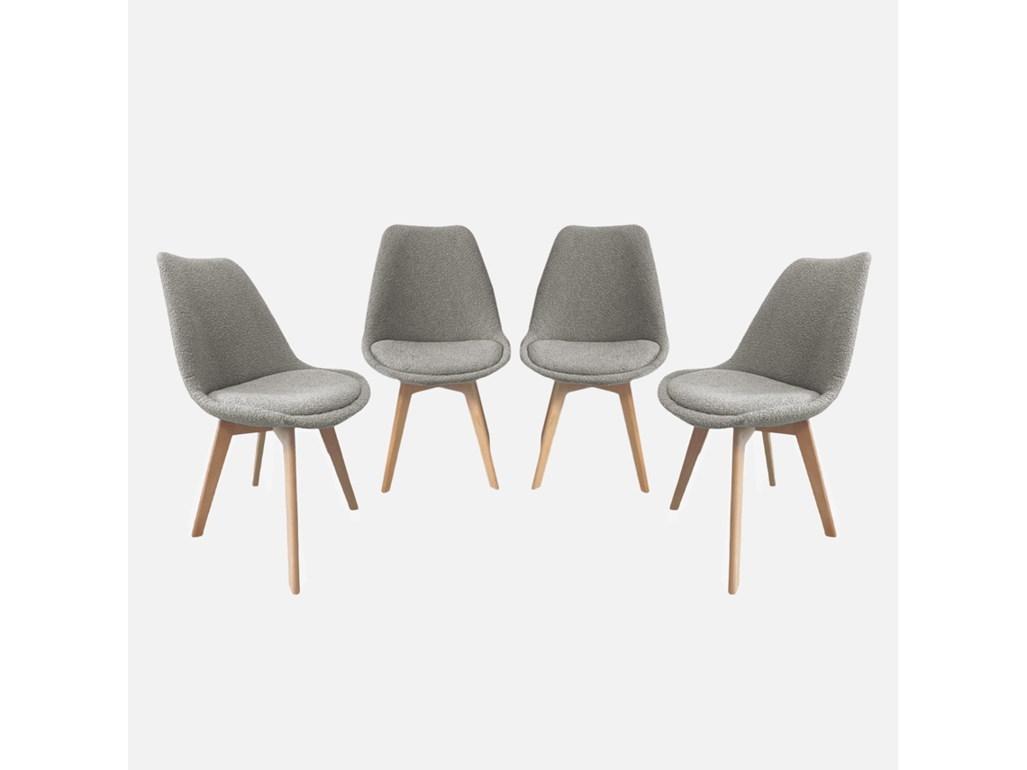Cadeira Escandinava De Madeira E Boucle Texturizado, Set De 4, Cinza Claro Sweeek