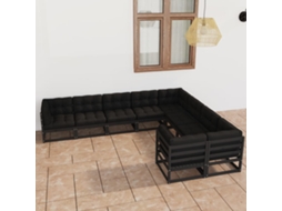 9pcs Conjunto Longue De Jardim C/ Almofadões Pinho Maciço Preto Dkd Home Decor
