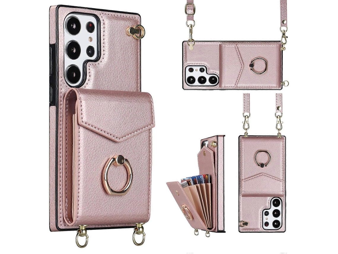 Capa Para Celular Samsung Galaxy S23 Ultra 5g Com Suporte De Anel, Compartimento Para Cartão Rfid E Cordão Longo.