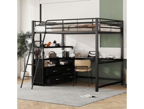 Cama Infantil Beliche 140x200 Metal, Mesa Em L, 4 Gavetas, Prateleira, Estrado, Flieks (sem Colchão)