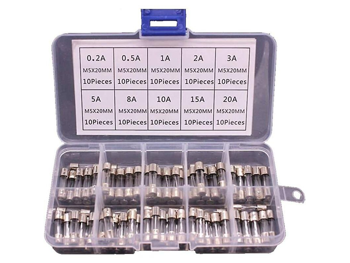 100 Fusíveis de Vidro 5x20mm em Caixa 0,2a 20a 10 Modelos Diferentes 250v Fusíveis Rápidos para Circuitos