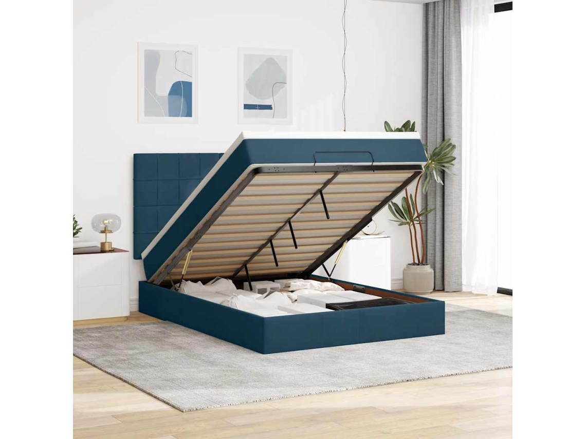 Vidaxl Estrutura Cama Otomana Colchões 140x190 Cm Veludo Azul Escuro