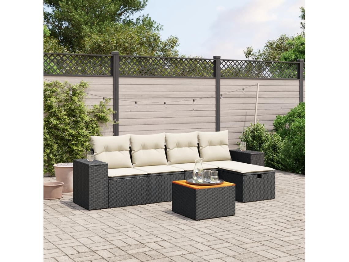 Vidaxl 6 Pcs Conjunto Sofás De Jardim C/ Almofadões Vime Pe Preto