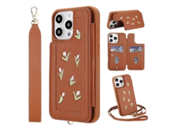 Capa Para Iphone 16 Pro Max Com Estampa De Tulipas Bordadas, Couro Sintético, Porta-cartões, Capa Traseira Com Alça De Ombro E Pulseira Marrom