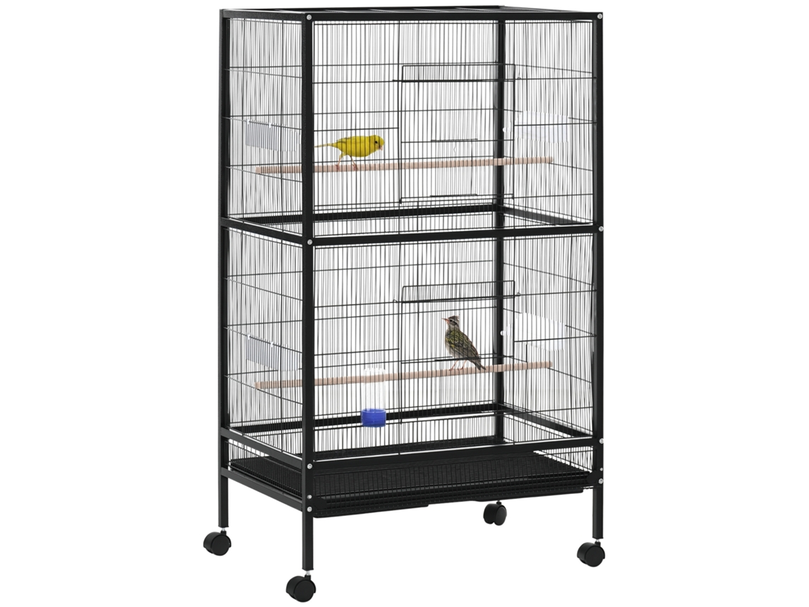 Gaiola De Pássaros Com 4 Rodas Viveiro De Metal Com Várias Portas 4 Bebedores 2 Poleiros 79x52x137cm Preto
