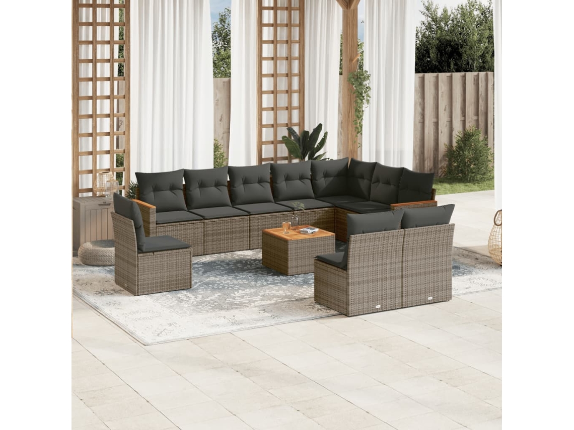 Vidaxl 11 Pcs Conjunto Sofás De Jardim C/ Almofadões Vime Pe Cinzento