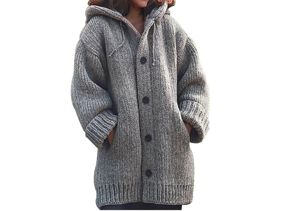Casaco de lã com capuz, tamanho médio feminino, com botões solidários, ideal para o outono e inverno de 2026.
