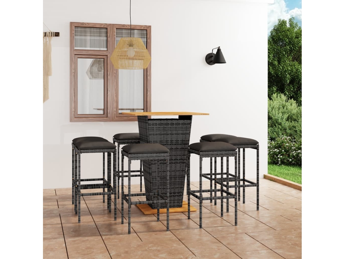Vidaxl 9 Pcs Conjunto de Bar P/ Jardim C/ Almofadões Vime Pe Cinzento