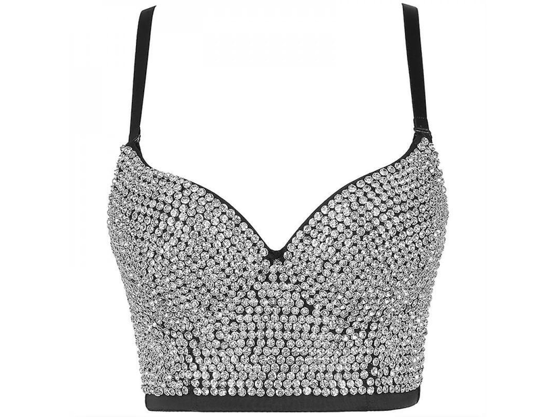 Top Crop Corset Para Mulher Com Renda E Pedras Strass, Sutiãs Acolchoados E Algodão 40°c Negro
