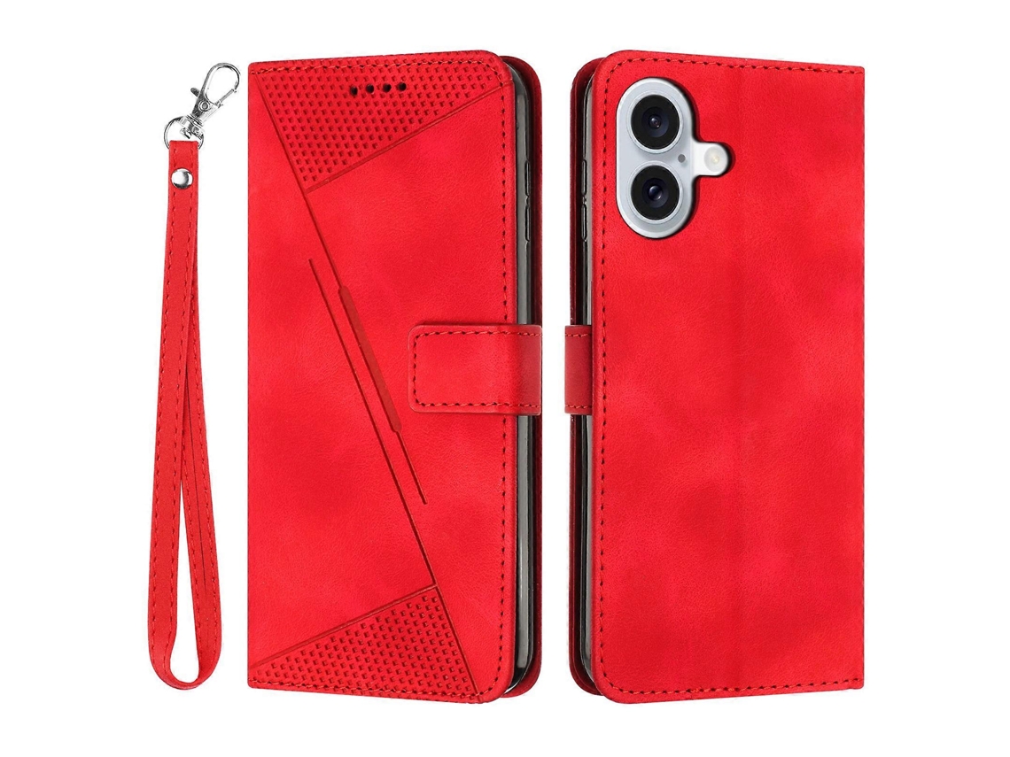 Capa De Couro Compatível Com Iphone 17, Com Estampa De Triângulos E Alça De Mão (vermelha)