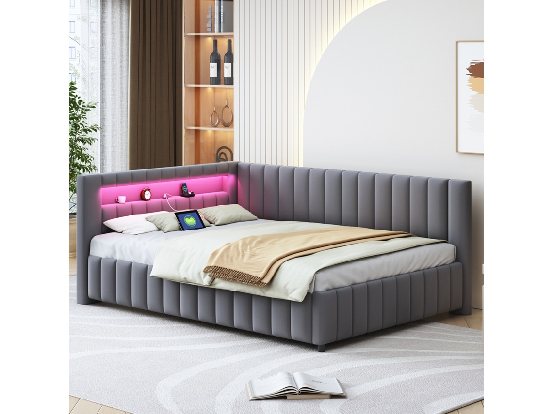 Sofá Cama 140x200 Veludo Led Usb Reclinável Estável Cinza