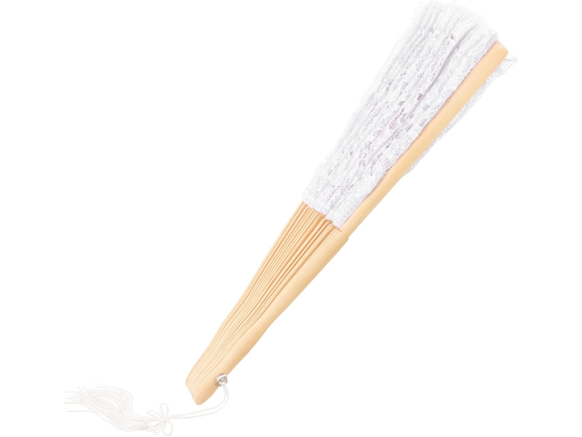 Leque dobrável de bambu com pompom de renda, leve e fácil de transportar.