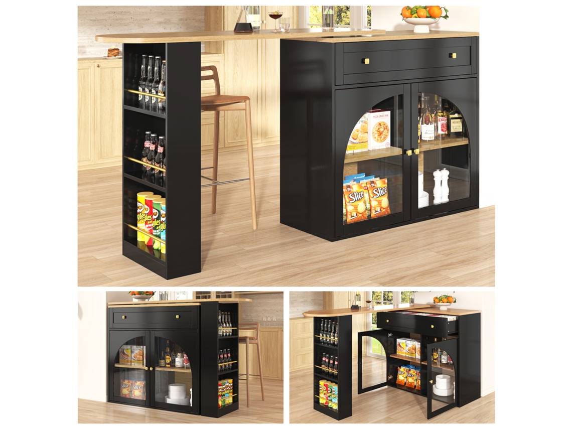 Mesa Bar VELTRIX extensível 138 a 204cm com prateleiras e vidro preto