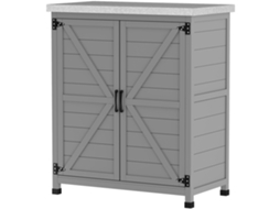 Armário De Exterior Em Madeira Com Tampo De Aço Galvanizado Prateleira 2 Portas Para Armazenamento De Ferramentas 79x43x92 Cm Cinza