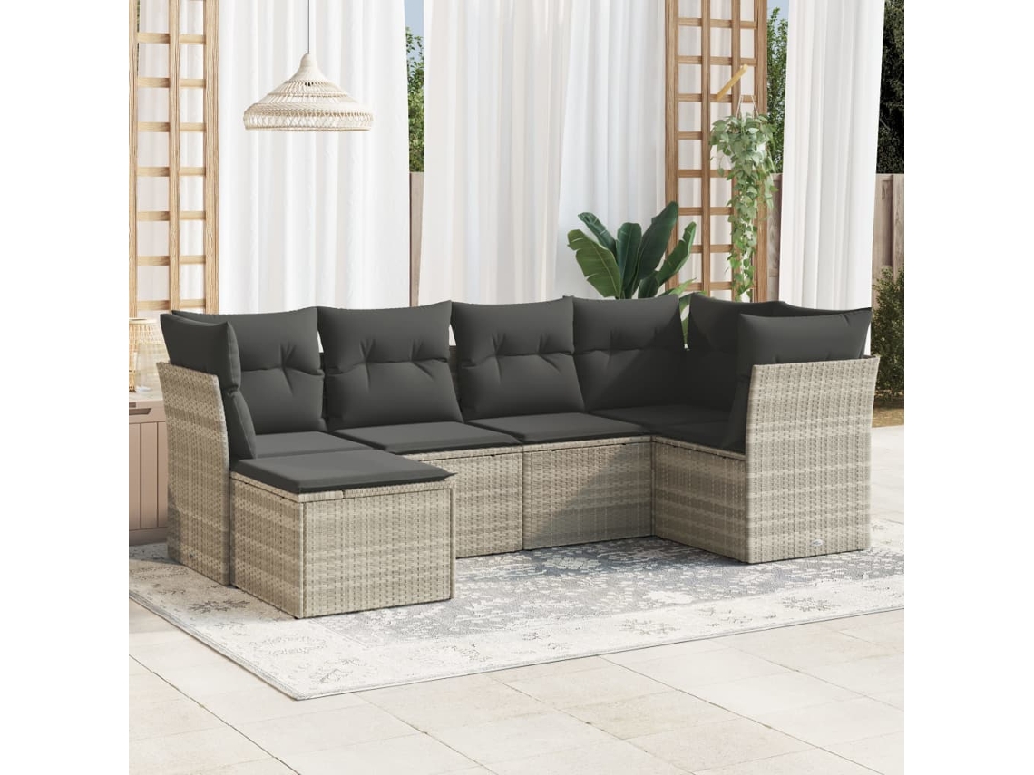 Vidaxl 6 Pcs Conj. Sofás Jardim Com Almofadões Vime Pe Cinzento-claro