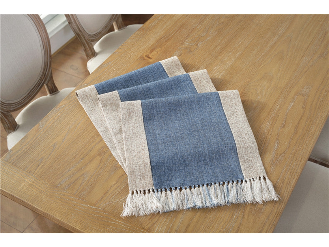 Caminho De Mesa De Algodão E Linho Liso Com Borlas, Toalha De Mesa Costurada, Caminho De Mesa De Chá Zen De Algodão E Linho, Azul Escuro