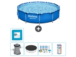 Piscina BESTWAY Round Steel Pro 366 X 76 Cm Azul Incluindo Bomba Cobrir Pacote de Manutenção Filtro Ladrilhos