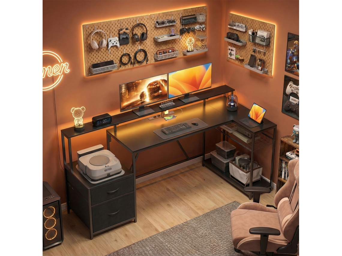 Mesa Gamer De Canto Em Madeira E Aço Preta, 192,5x80x86,5 Cm, Com Hub De Carregamento, Luzes Led E Suporte Para Monitor.