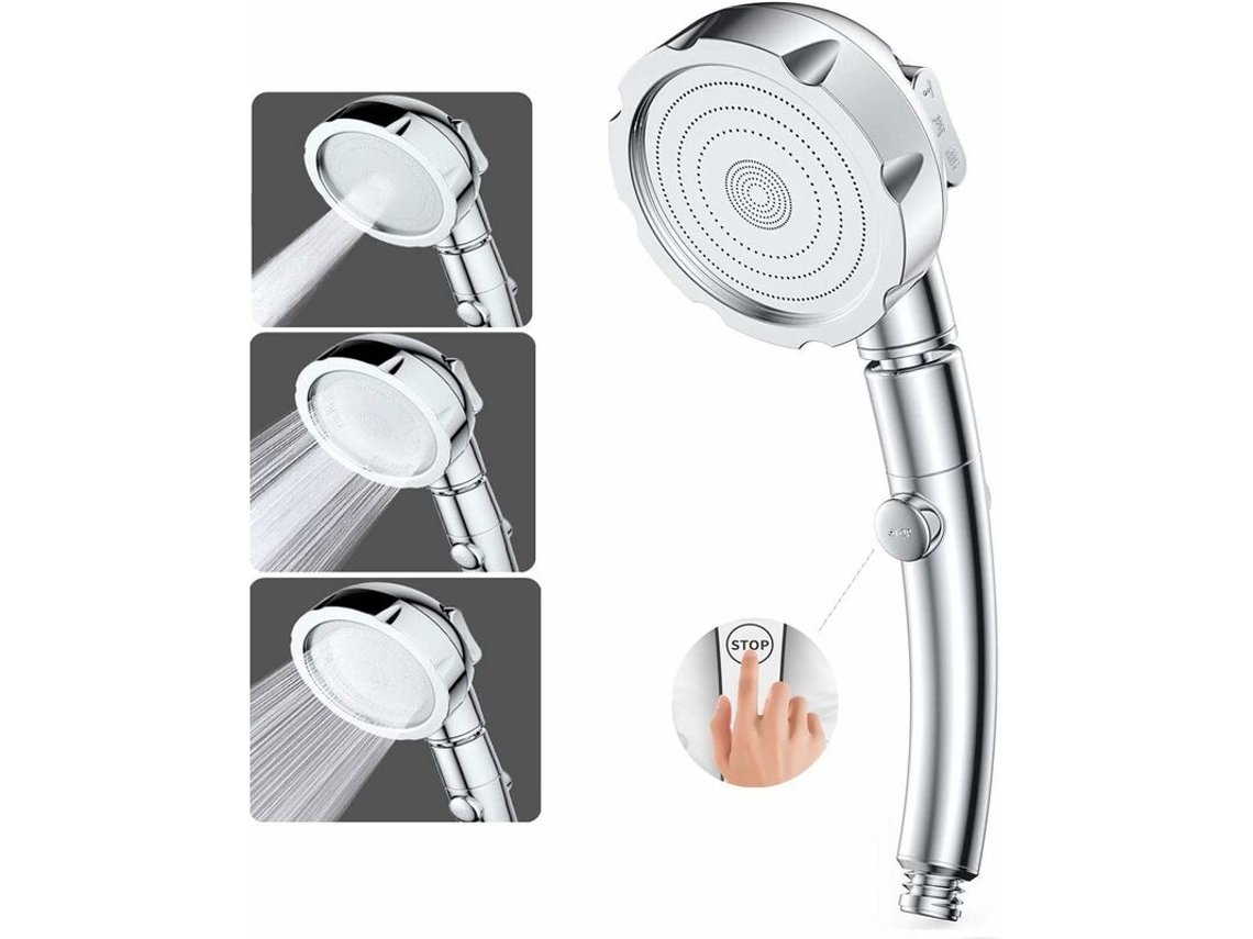 Chuveiro De Mão 3 Modos Alta Pressão Com Botão Stop, Abs + Inox, Universal