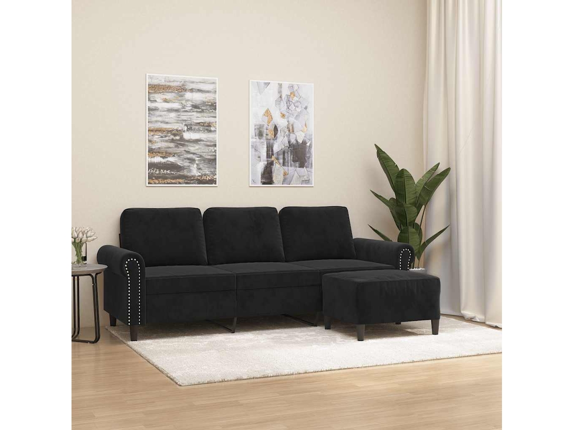 Vidaxl Sofá De 3 Lugares Com Apoio De Pés 180 Cm Veludo Preto