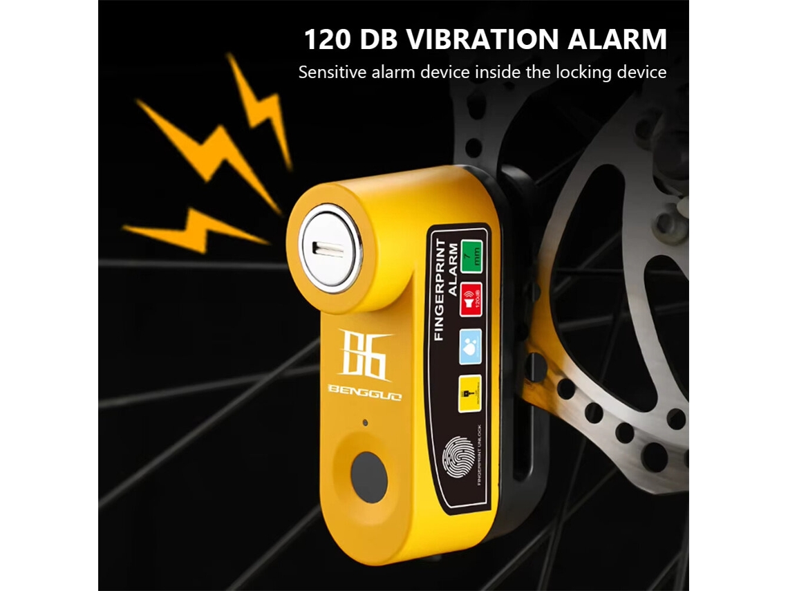 Bengguo Cadeado Freio Disco Bicicleta Amarelo 120db Impressão Digital Usb Ip Alarme Proteção Motocicletas Elétricas