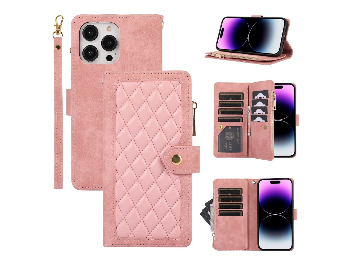 Capa Para Iphone 15 Pro Max Pele Sintética Com Porta-cartões Rosa