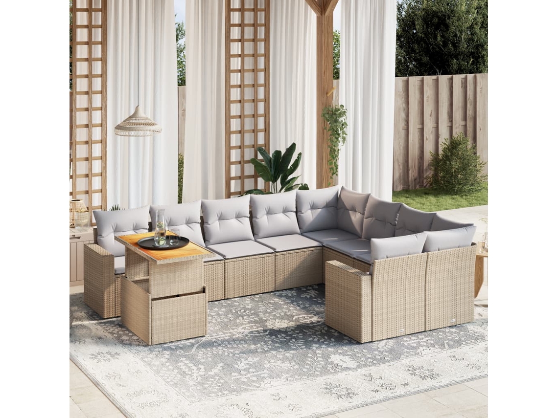 Vidaxl 10 Pcs Conjunto De Sofás P/ Jardim Com Almofadões Vime Pe Bege