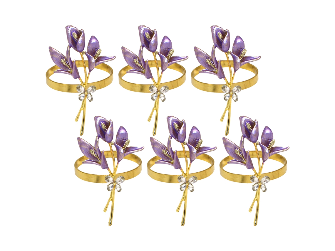 Conjunto de 6 presilhas de guardanapo com diamantes, design simples, roxas com acabamento dourado imitação LAXISCREED