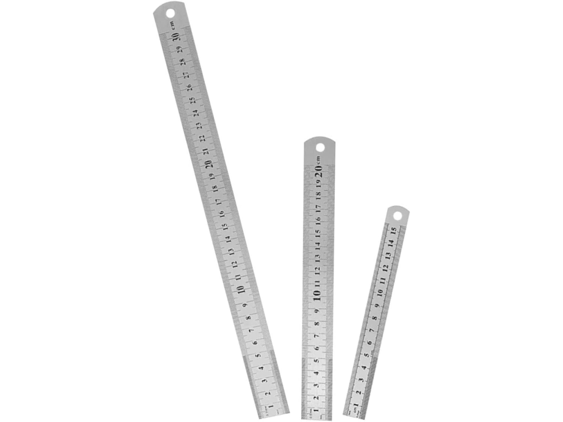 Conjunto de 3 réguas de aço inoxidável de dupla face para estudantes, duráveis, resistentes à tinta, ideais para decoração.