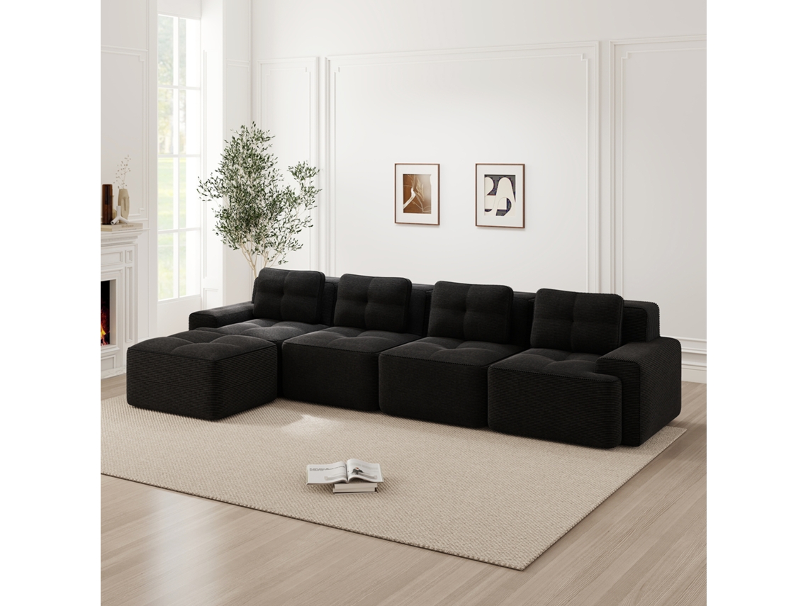 Sofás Sala Preto, Modular L Com Chaise, Cloud Veludo Cotelê, 4l, Antiderrapante.-kd
