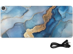 Mousepad Aquecido em Couro Marmorizado Azul Royal com Detalhes Prata, 80 X 33 Cm, Acessório Essencial para Mes
