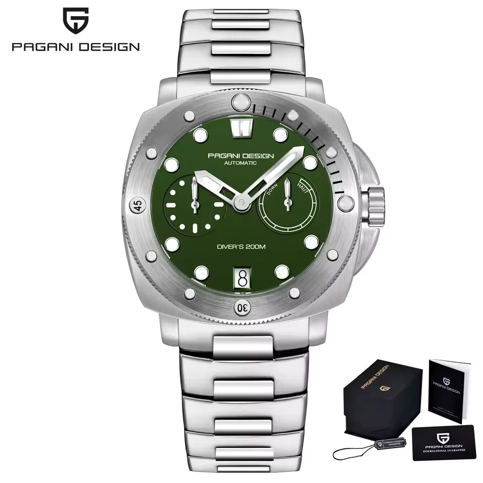 Relógio Masculino Automático Mecânico (verde Prateado) Com Cristal De Safira E Resistência À Água Em Aço Inoxidável.
