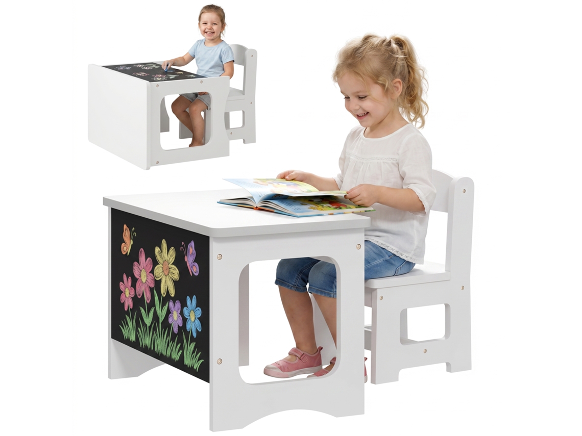 Conjunto Mesa E Cadeira Infantil 3-6 Anos Em Madeira, Tampo Reversível, Cantos Arredondados, Branco