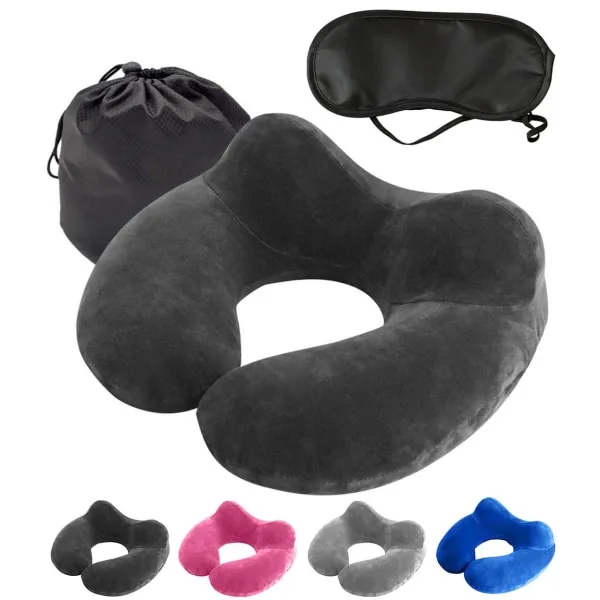 Kit de Viagem 3 em 1, Travesseiro Inflável para Pescoço e Máscara de Dormir Preta AQUAFORGE