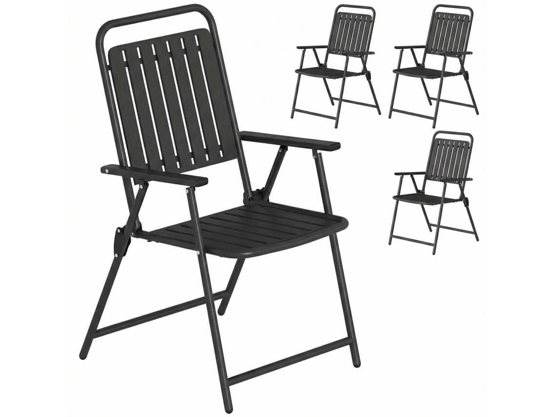 Conjunto de 4 Cadeiras Dobráveis para Jardim com Apoios de Braços Encosto e Assento Estrutura Metálica 55x63x93 Cm Preto ETOWN COMMERCE GMBH