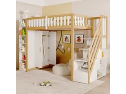 Cama Alta 90x200cm Multifuncional Com Prateleiras, Armário E Guarda-roupa Branco Madeira