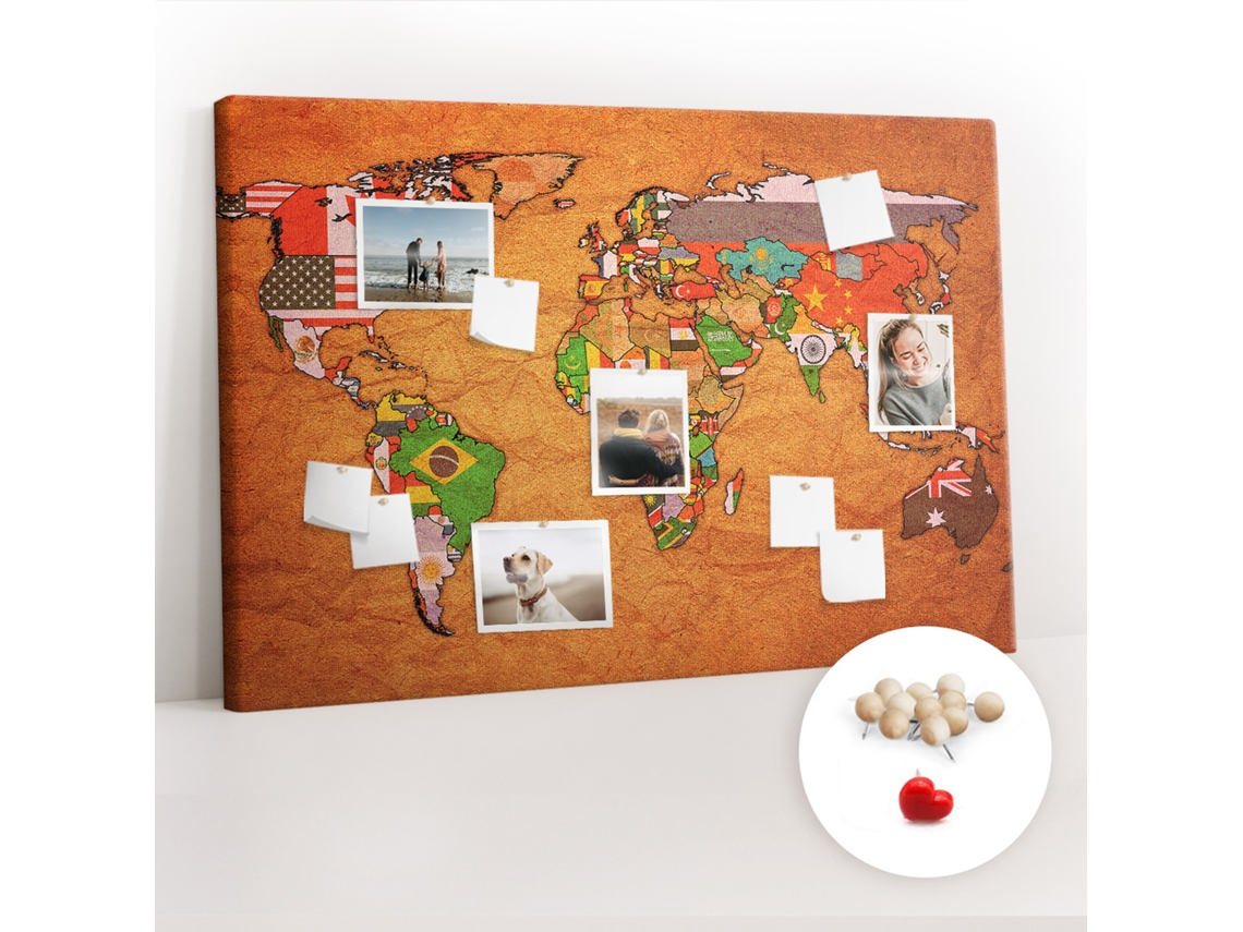 Quadro De Cortiça Com Impressão Mapa-múndi Com Bandeiras Para O Escritório Espelharte (120x80 Cm)