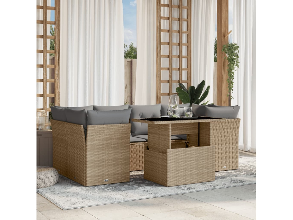 Vidaxl 7 Pcs Conjunto De Sofás P/ Jardim Com Almofadões Vime Pe Bege
