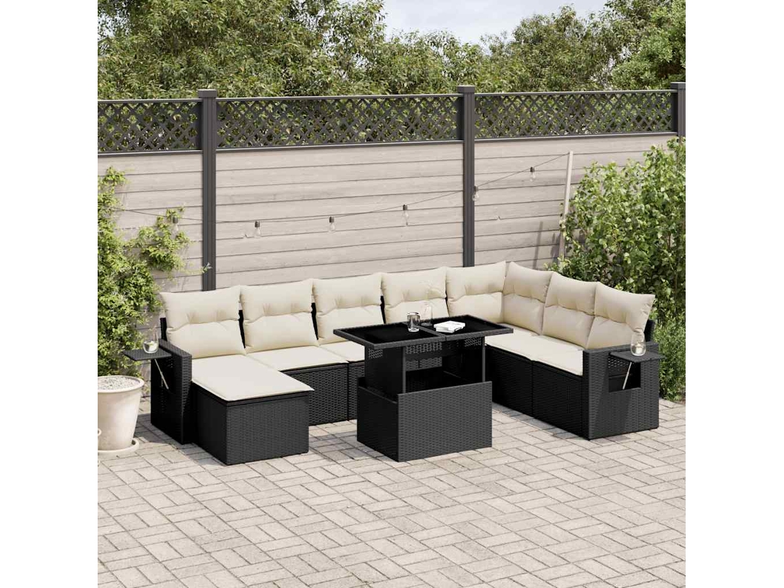 Vidaxl 8 Pcs Conjunto Sofás De Jardim Com Almofadões Vime Pe Preto