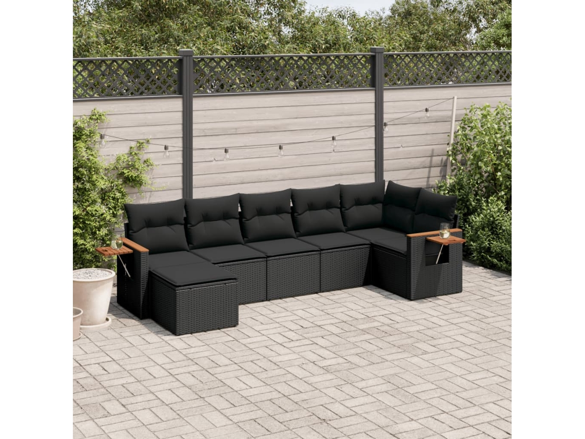 Jogo de Sofá 7 Peças P/ Jardim C/ Almofadões Vime Pe Preto Dkd Home Decor