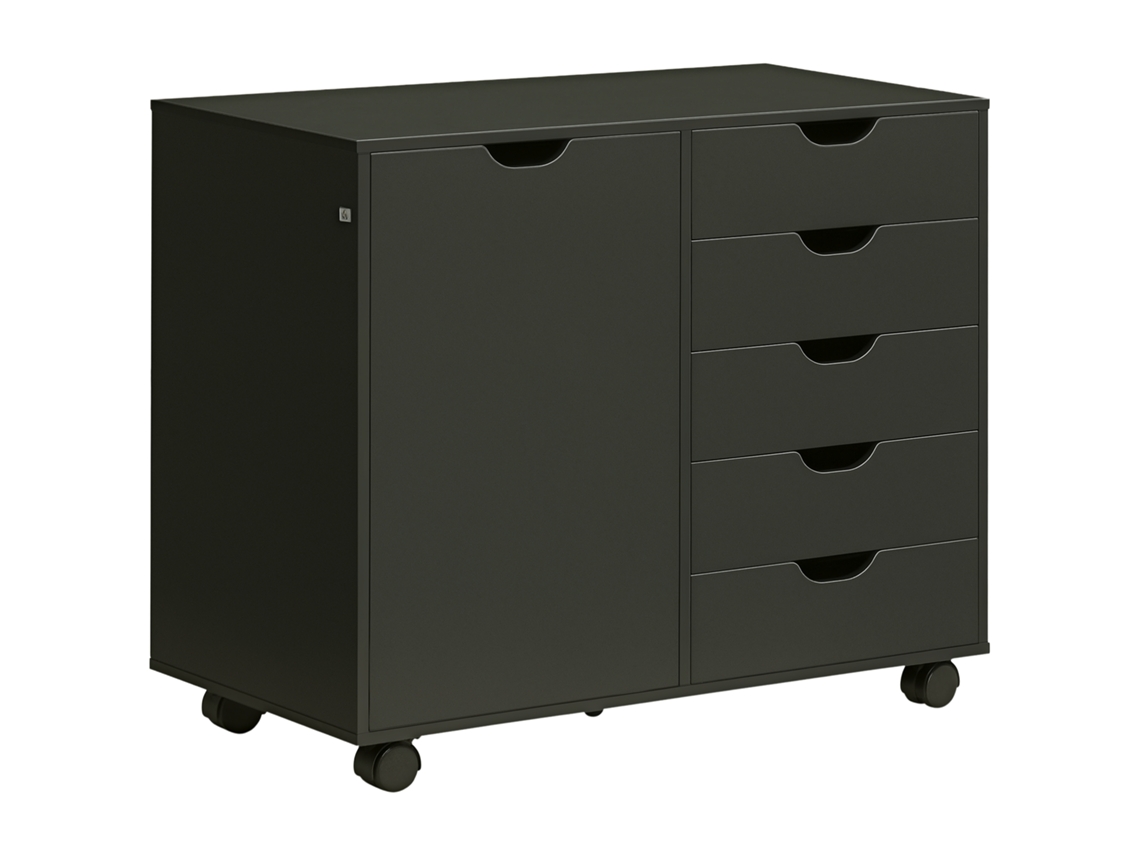 Unidade de Escrivaninha com 5 Gavetas e Suporte para Impressora Sobre Rodas, 78x40x66,5cm, Preto
