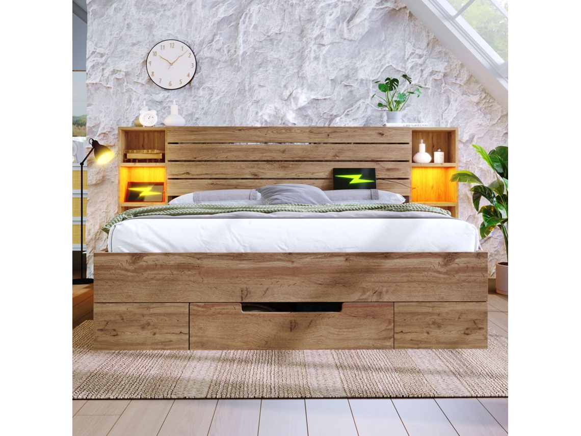Cama Casal 160x200cm Maciça, Led, Usb c, Gavetas, Nichos, Estrado, 272kg, Sem Colchão, Carvalho KOMHTOM