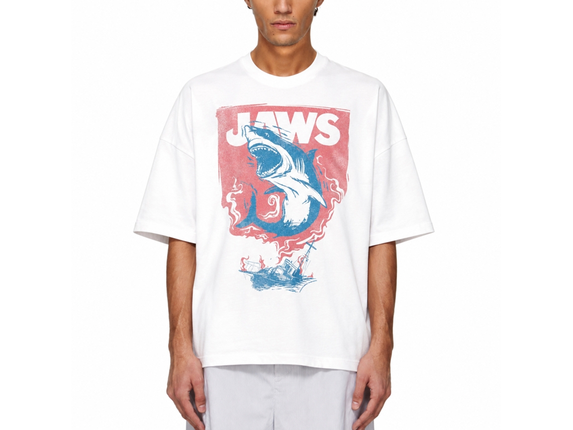 Rockinstone Jaws Movie Shark And Boat Fire White Adult T-shirt Size:xl