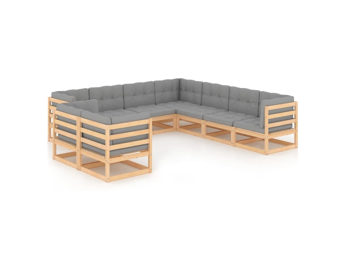 Vidaxl 9 Pcs Conjunto Lounge De Jardim C/ Almofadões Pinho Maciço